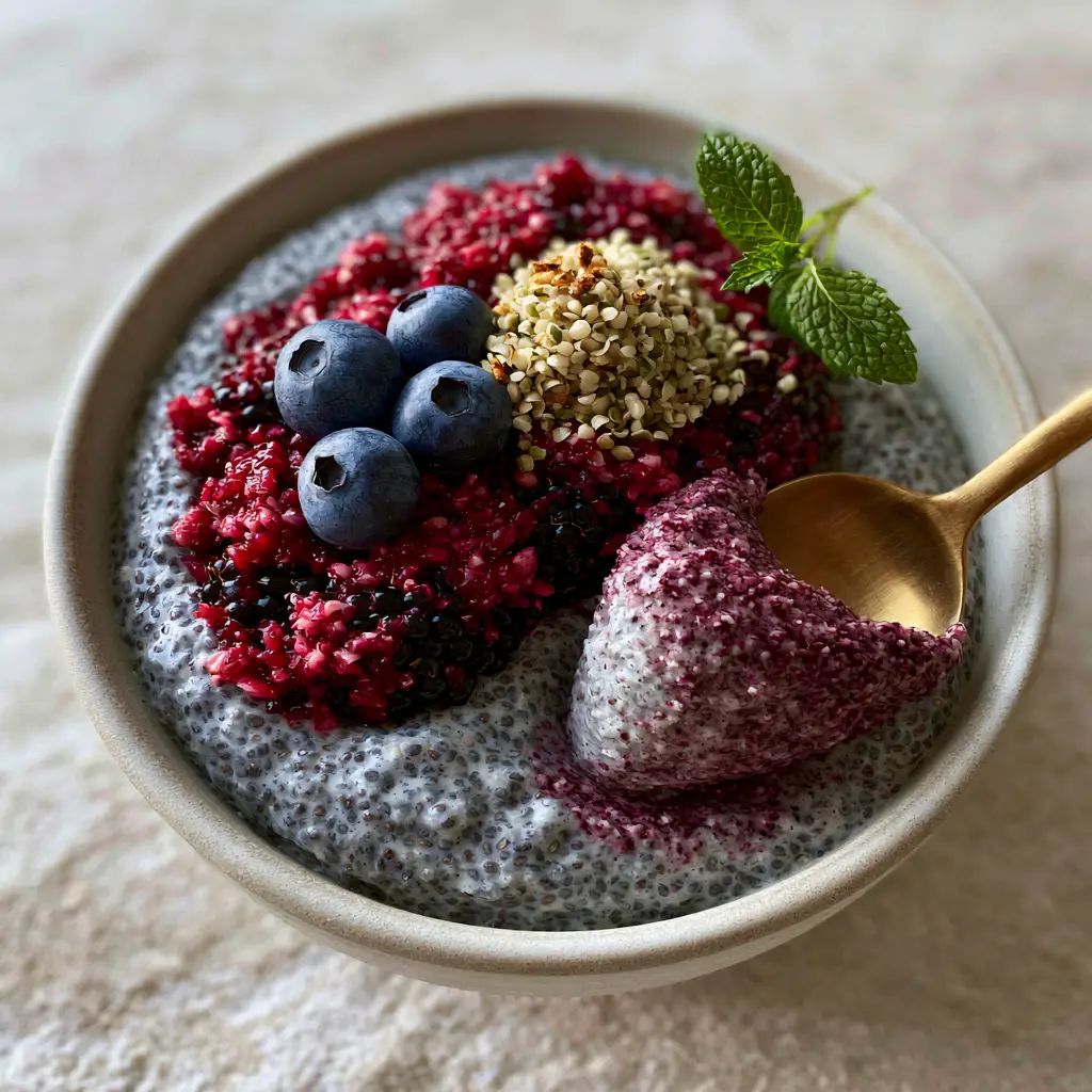 How to Eat Chia Seeds: The Ultimate Blended Coconut Mousse Recipe 1 Overhead view of a ceramic bowl containing coconut chia pudding with blackberry and blueberry toppings.