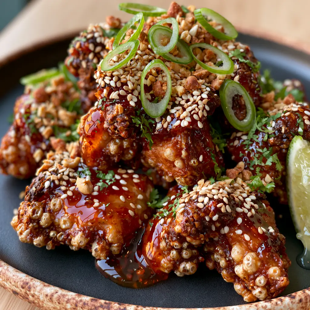 Thai Chicken Bites: The Ultimate Air-Fried Shatter-Crunch Recipe 2 Close up of air-fried Thai Chicken Bites showing the shatter-crunch texture and vibrant green scallions.