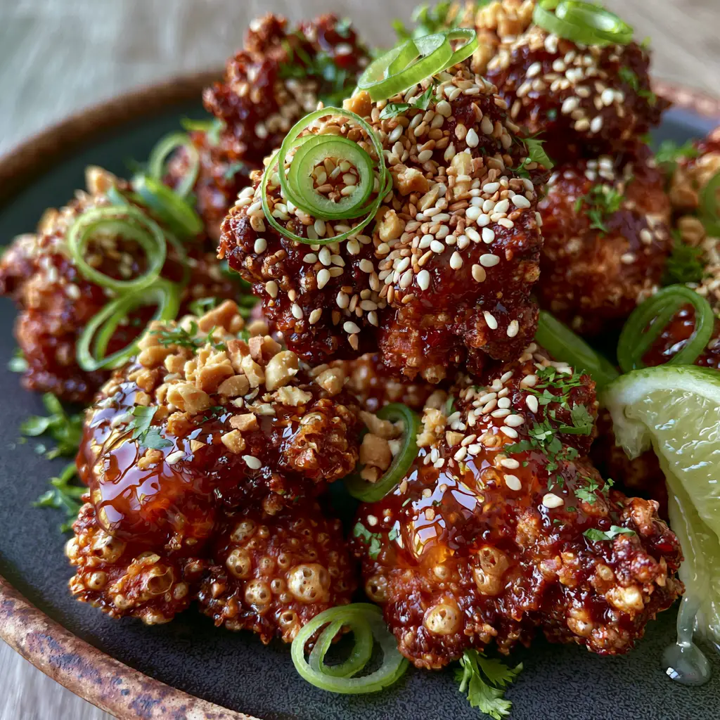 Thai Chicken Bites: The Ultimate Air-Fried Shatter-Crunch Recipe 1 Bite-sized Thai chicken pieces drenched in a translucent amber-red glaze with a lime wedge on the side.