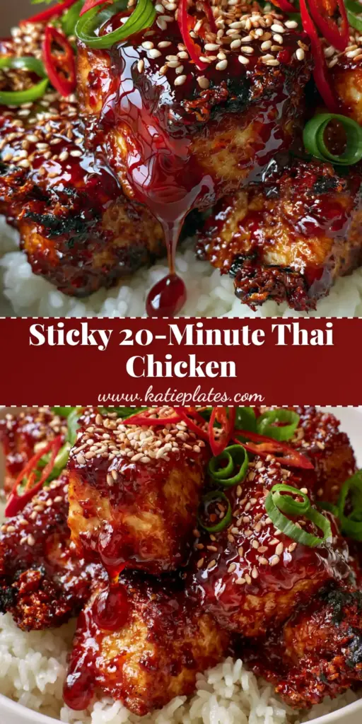 A close-up vertical shot of Thai chili chicken with a thick glossy red glaze, garnished with sesame seeds and bird eye chilies over jasmine rice.