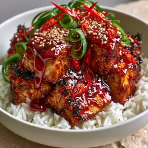 Extreme macro close-up of Thai chili chicken showing the translucent deep-red glossy chili glaze and charred edges.