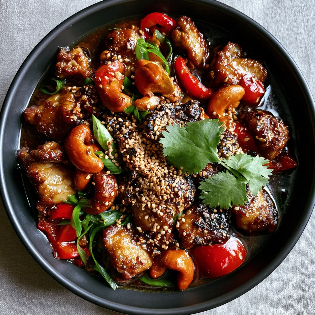 Thai Cashew Chicken with a Thick Mahogany Glaze 2 Close-up of crispy seared Thai Cashew Chicken with vibrant red bell peppers and green scallions.