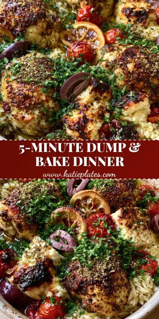 Dump and Bake Greek Chicken with Crispy Thighs and Lemon Rice 3 A top-down view of a rustic ceramic dish containing dump and bake Greek chicken with crispy thighs, yellow lemon rice, charred feta, and blistered tomatoes.