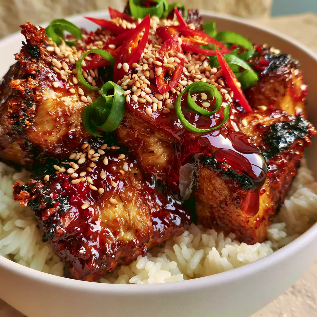 A bird's eye view of Thai chili chicken in a white ceramic bowl with curled scallions and sliced red chilies.