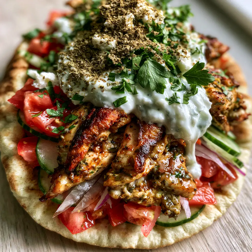 A close-up view of a Mediterranean chicken gyro topped with thick tzatziki, red onions, and feta cheese.