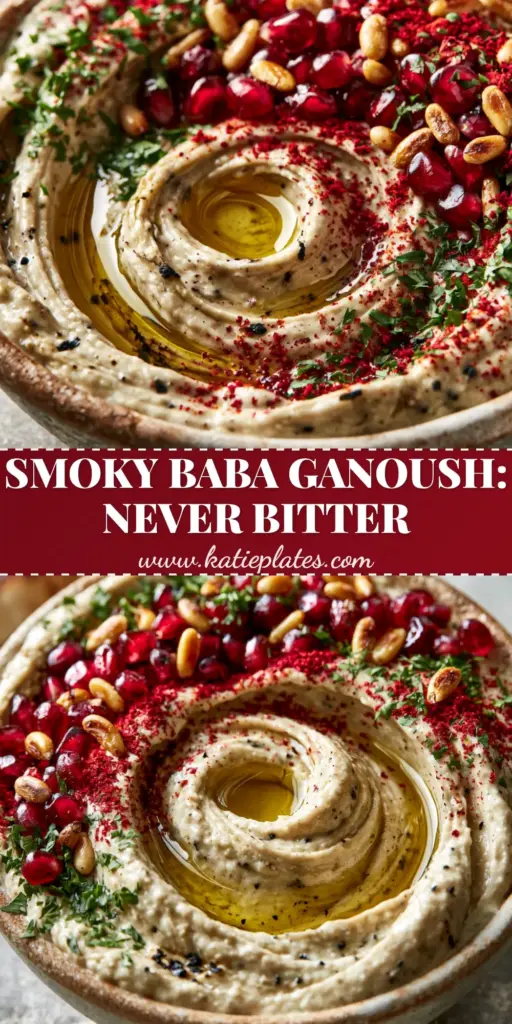 A high-angle smartphone photo of a rustic ceramic bowl filled with thick Baba Ganoush Recipe garnished with pomegranate seeds and pine nuts.