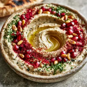 Extreme close-up of creamy Baba Ganoush Recipe with deep swirls of olive oil and vibrant red pomegranate seeds.