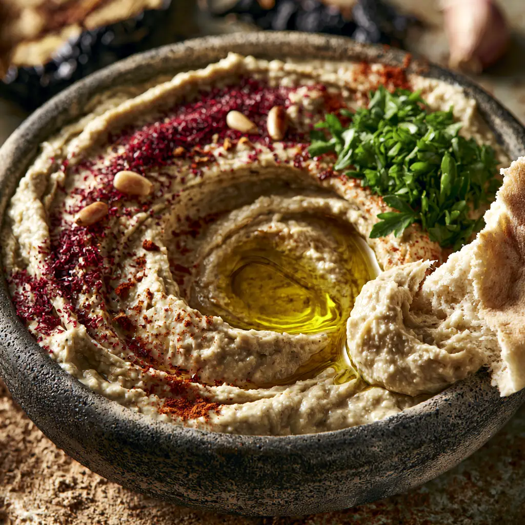 Baba Ganoush: The Ultimate Creamy and Smoky Eggplant Dip 2 Close-up high-angle shot of rustic charcoal bowl filled with ultra-thick Baba Ganoush and olive oil. (Baba Ganoush)