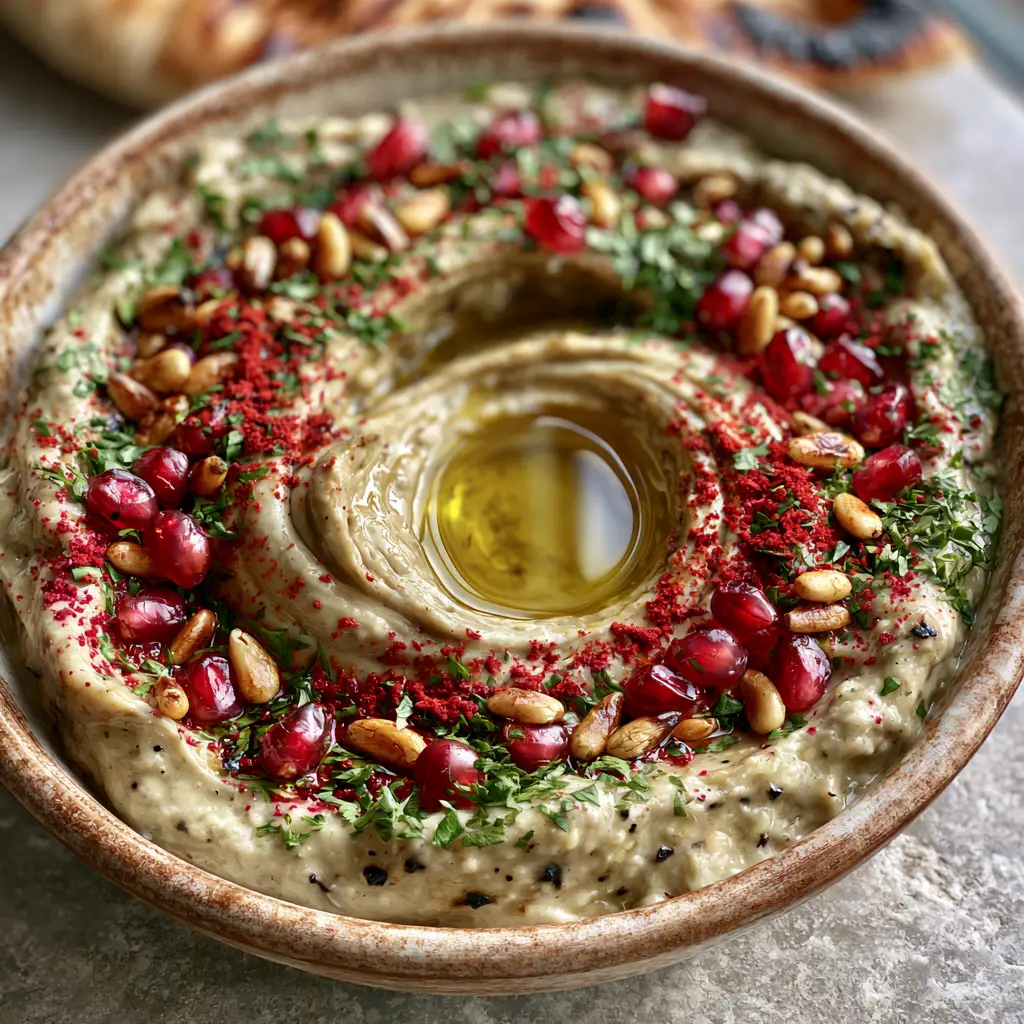 Rustic bowl of Baba Ganoush Recipe with charred pita bread in the background on a light-grey stone surface.