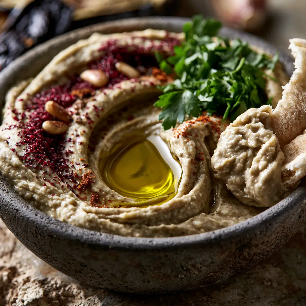 Baba Ganoush: The Ultimate Creamy and Smoky Eggplant Dip 1 Authentic Baba Ganoush garnished with crimson sumac, parsley, and golden pine nuts. (Baba Ganoush)