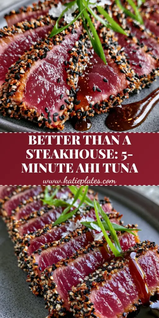 Tuna Steaks: The Ultimate Sesame-Crusted Ahi Recipe 3 A fanned-out plate of sesame-crusted Tuna Steaks with a ruby pink rare center and green onion garnish.