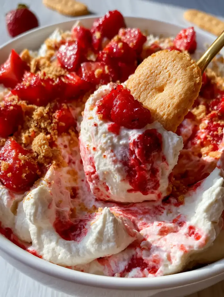 Strawberry Shortcake Dip: The Ultimate Fluffy No-Bake Dessert Recipe 1 Close up of fluffy white cream cheese dip with vibrant red strawberry swirls and graham cracker crumbs. (strawberry shortcake dip)