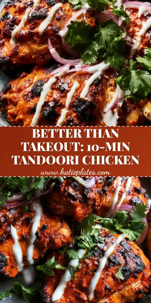Baked Tandoori Chicken: The Ultimate Juicy and Charred Recipe 3 A Pinterest-optimized vertical image of succulent Baked Tandoori Chicken thighs with charred edges, yogurt drizzle, and red onion rings on a rustic platter.