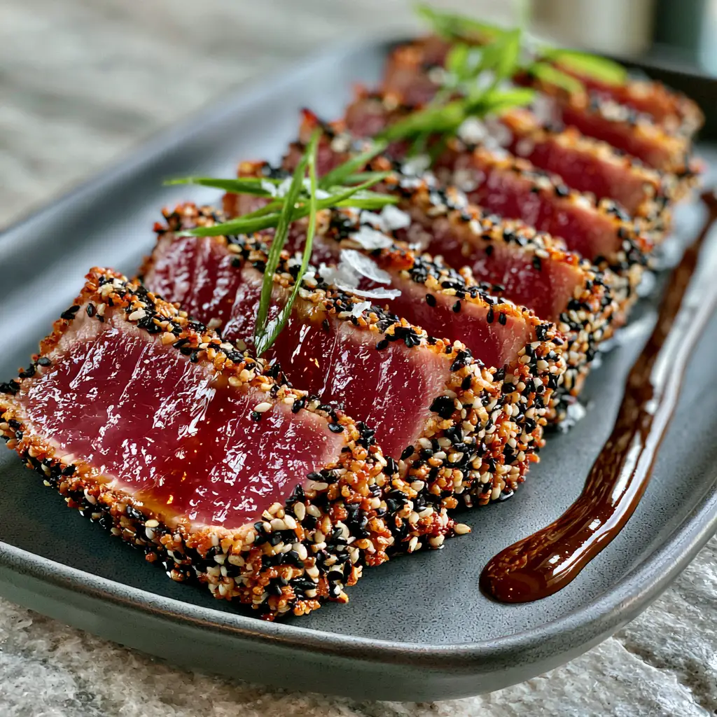 Thick-cut seared Ahi Tuna Steaks showing a vibrant translucent ruby center on a charcoal plate.