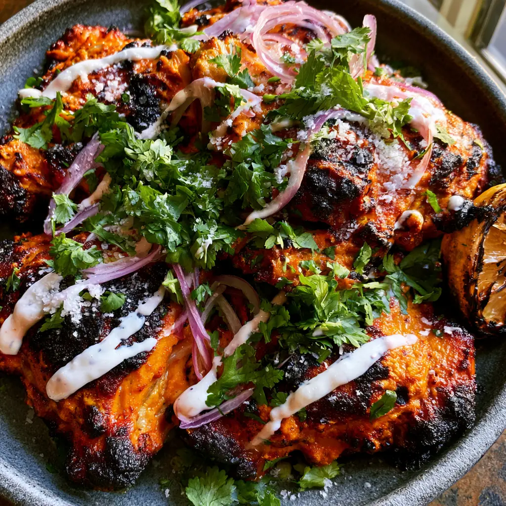 Extreme close-up top-down view of Baked Tandoori Chicken thighs with leopard-spotting, vibrant orange-red marinade, and elegant white yogurt streaks.