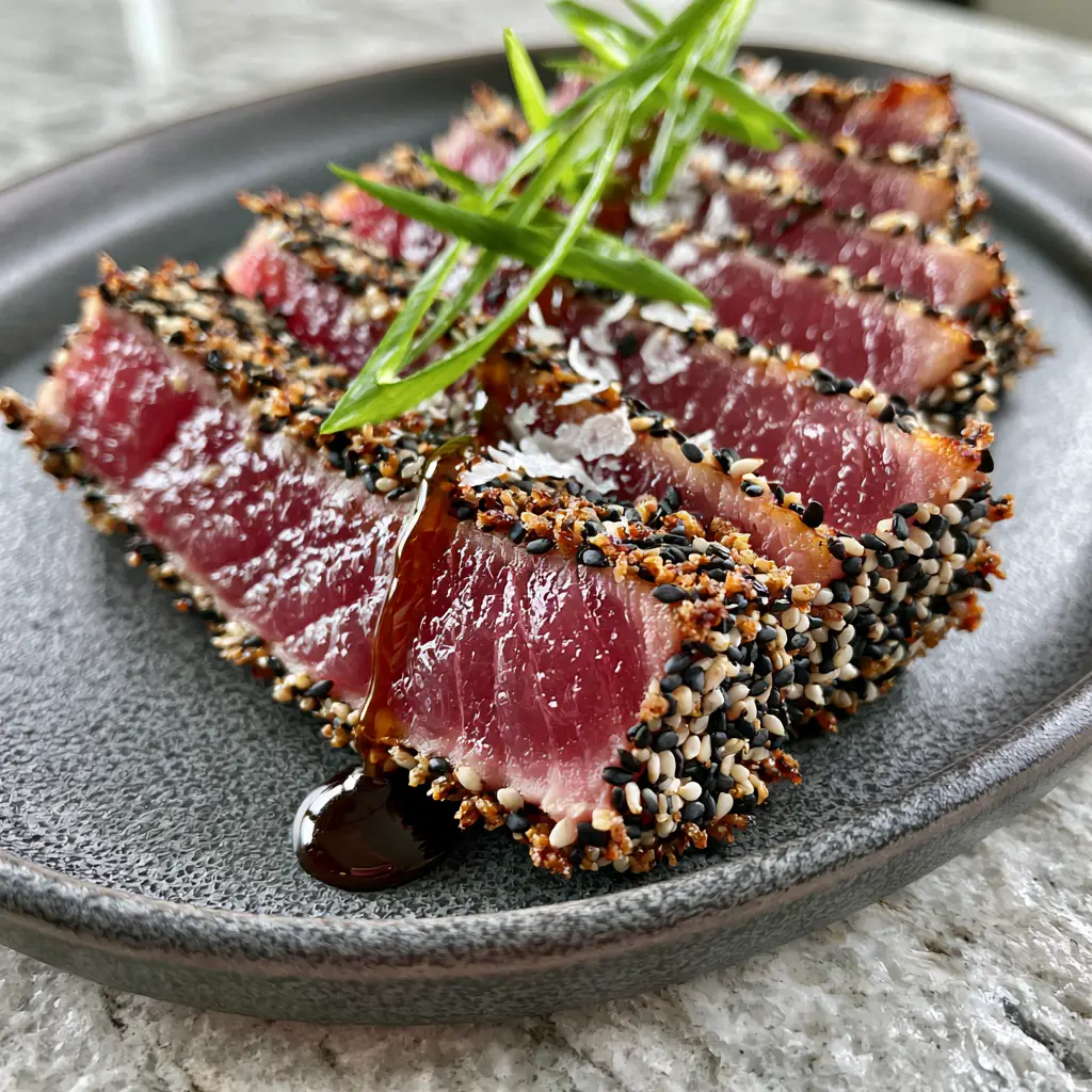 Tuna Steaks: The Ultimate Sesame-Crusted Ahi Recipe 1 Smartphone photo of fanned Ahi Tuna Steaks with a glossy ginger-soy glaze drizzle.