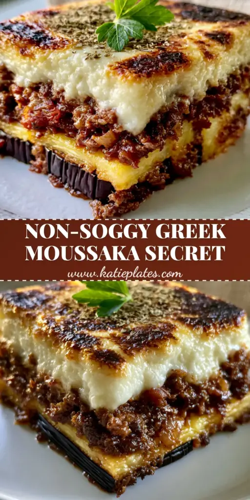 Greek Moussaka: The Ultimate Layered Eggplant and Potato Casserole 4 A perfectly cut square slice of Greek Moussaka on a white ceramic plate showing layers of potato, eggplant, and mahogany meat sauce topped with scorched bechamel.