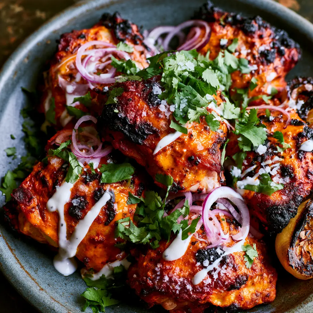 Baked Tandoori Chicken: The Ultimate Juicy and Charred Recipe 1 A rustic platter of Baked Tandoori Chicken garnished with fresh cilantro, thin red onion rings, and a charred lemon wedge.