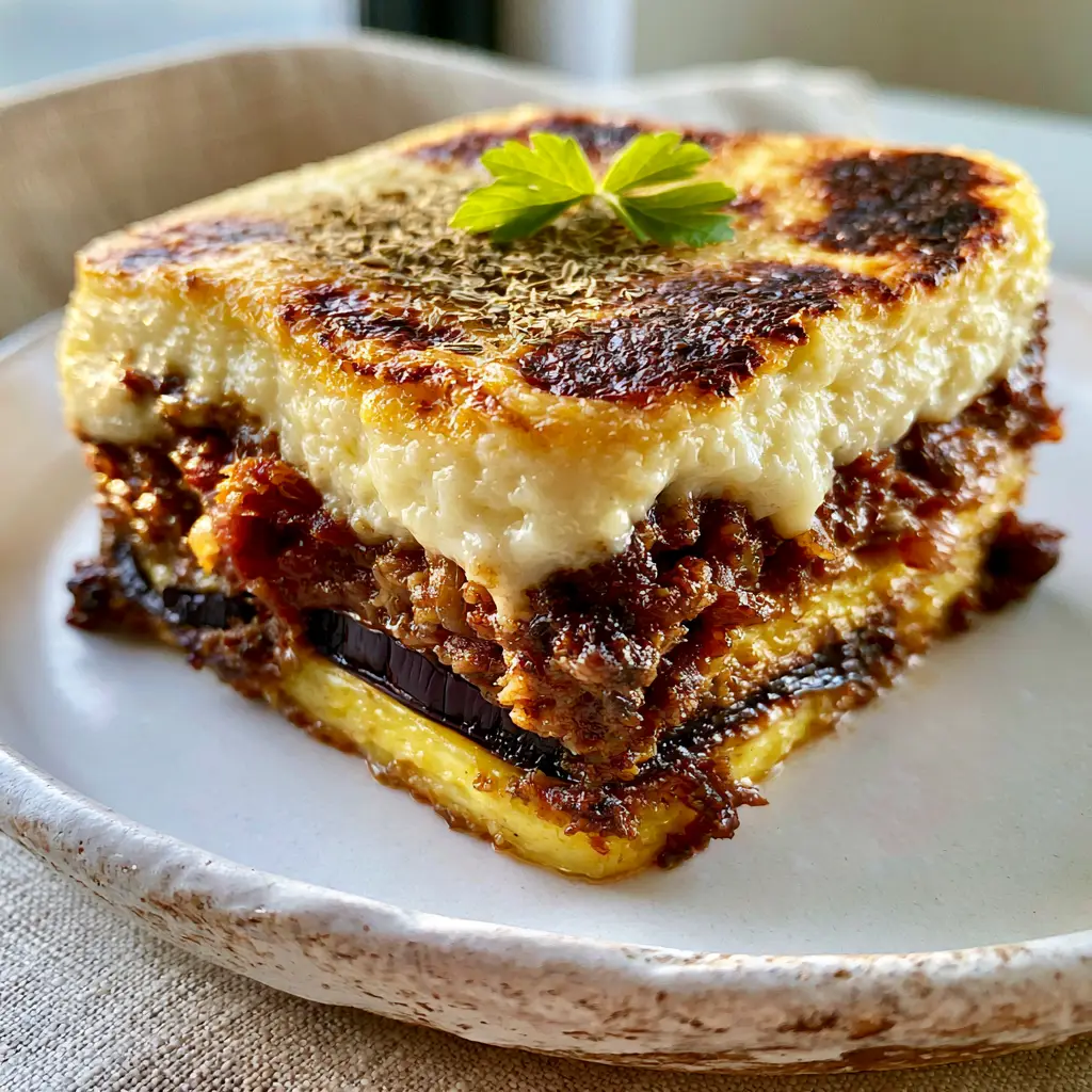 Extreme food photography detail of scorched spots on the thick white bechamel sauce of a Greek Moussaka slice.