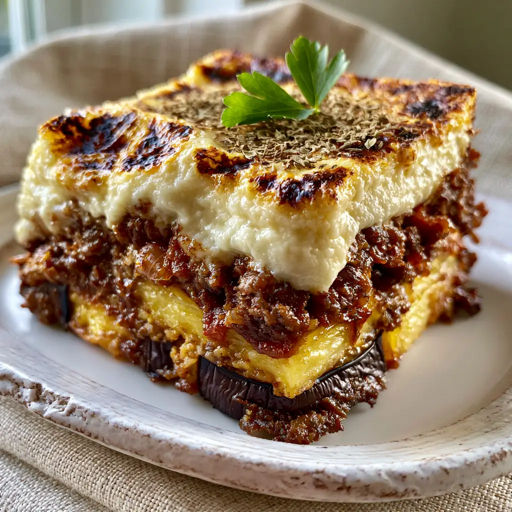 Greek Moussaka: The Ultimate Layered Eggplant and Potato Casserole 1 Side view of Greek Moussaka layers including roasted dark-purple eggplant and golden-yellow potatoes.