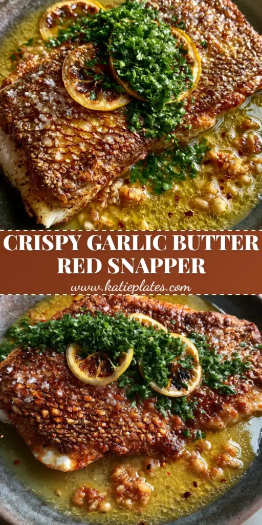 Red snapper recipe with Crispy Skin and Garlic Butter 3 A top-down shot of a crispy pan-seared red snapper fillet with garlic butter sauce, red pepper flakes, and charred lemons. (Red snapper recipe)