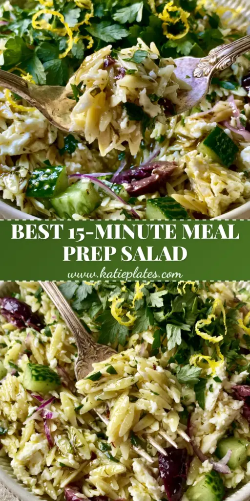 Mediterranean Orzo Salad with Lemon Herb Vinaigrette 3 A vertical Pinterest pin showing a close-up of Mediterranean Orzo Salad with feta, olives, and cucumbers in a ceramic bowl.