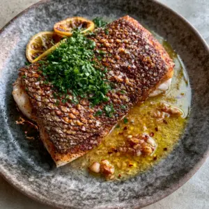 Close-up of golden-brown crispy skin on a red snapper fillet with sea salt flakes. (Red snapper recipe)