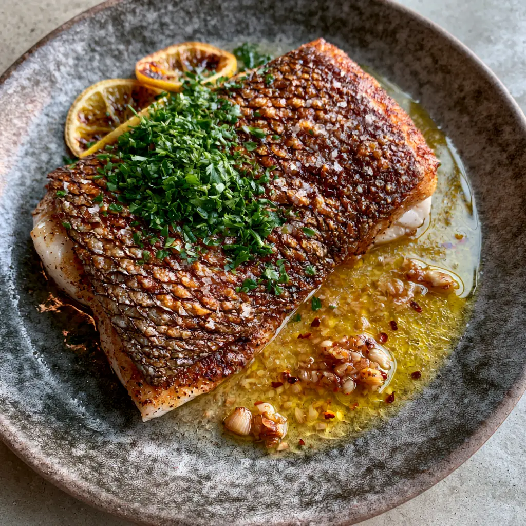Close-up of golden-brown crispy skin on a red snapper fillet with sea salt flakes. (Red snapper recipe)