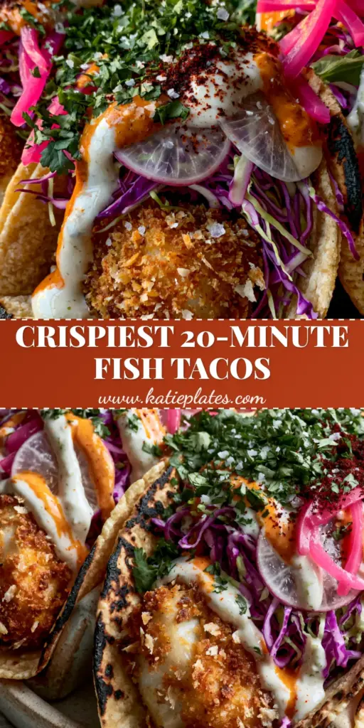 Air Fryer Fish Tacos with Crispy Panko Cod and Lime Crema 4 Three overflowing Air Fryer Fish Tacos in a holder featuring golden panko-crusted cod, shredded purple cabbage, and a heavy drizzle of lime crema and chipotle sauce.