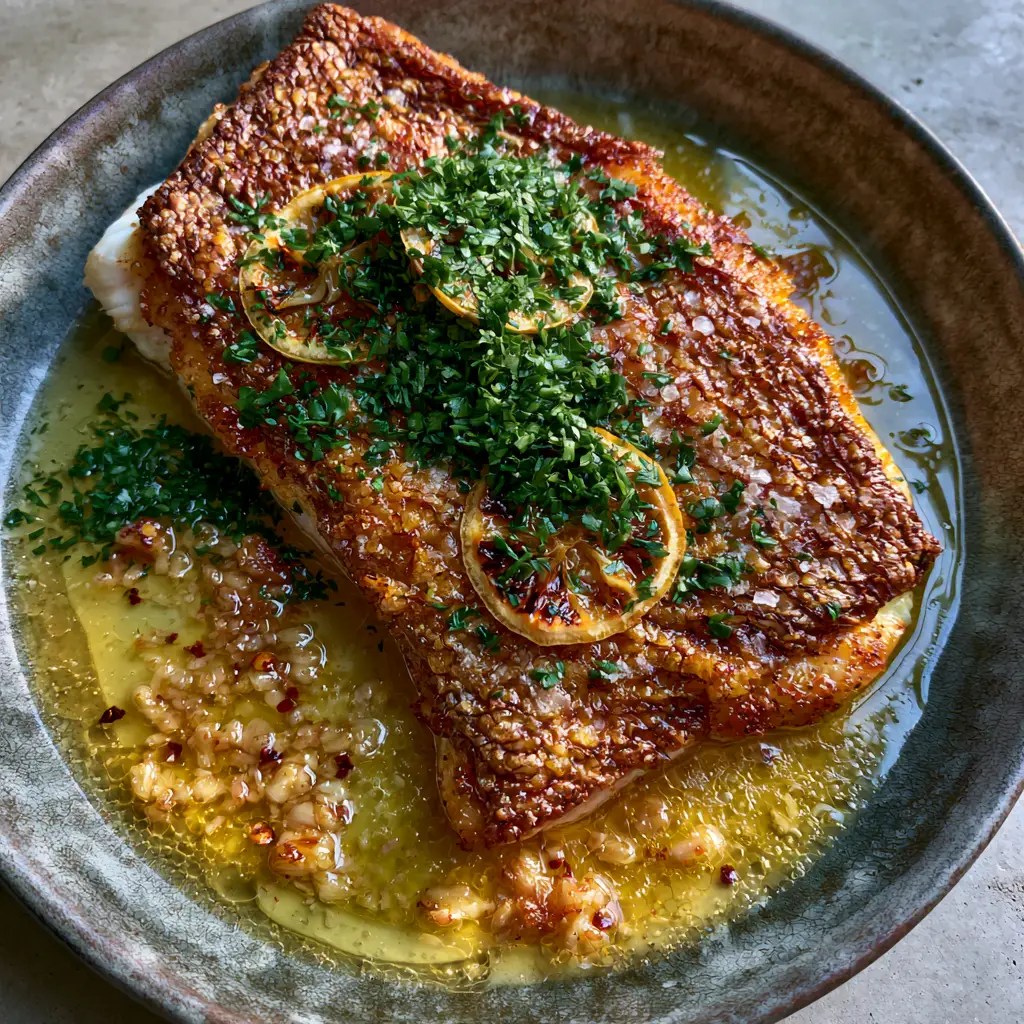 Red snapper recipe with Crispy Skin and Garlic Butter 1 Red snapper fillet bathed in a translucent garlic butter sauce with parsley and chili flakes.