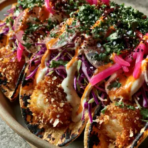 Extreme macro close-up of Air Fryer Fish Tacos showing the jagged golden panko crust, bright pink pickled onions, and sea salt flakes.