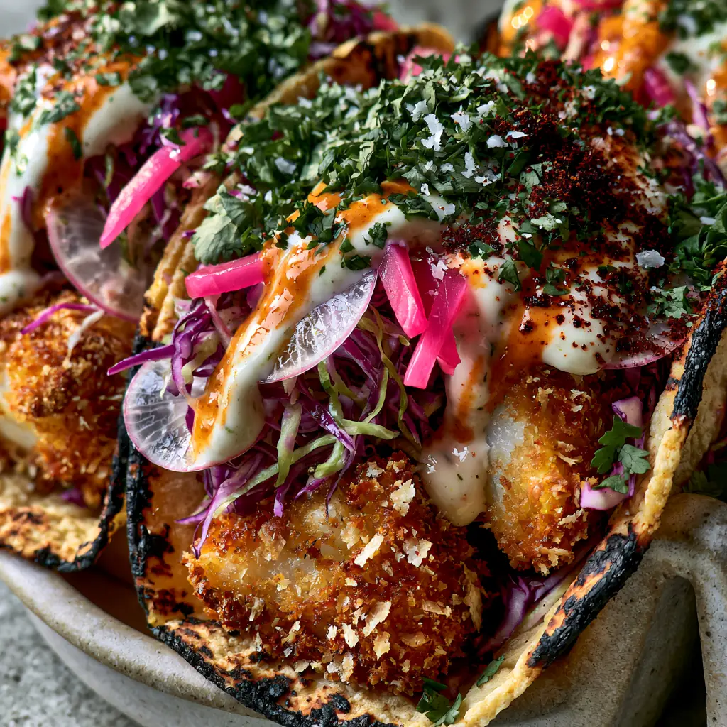 Air Fryer Fish Tacos with Crispy Panko Cod and Lime Crema 1 Close-up of three tacos with charred corn tortillas and vibrant cabbage garnish. (Air Fryer Fish Tacos)