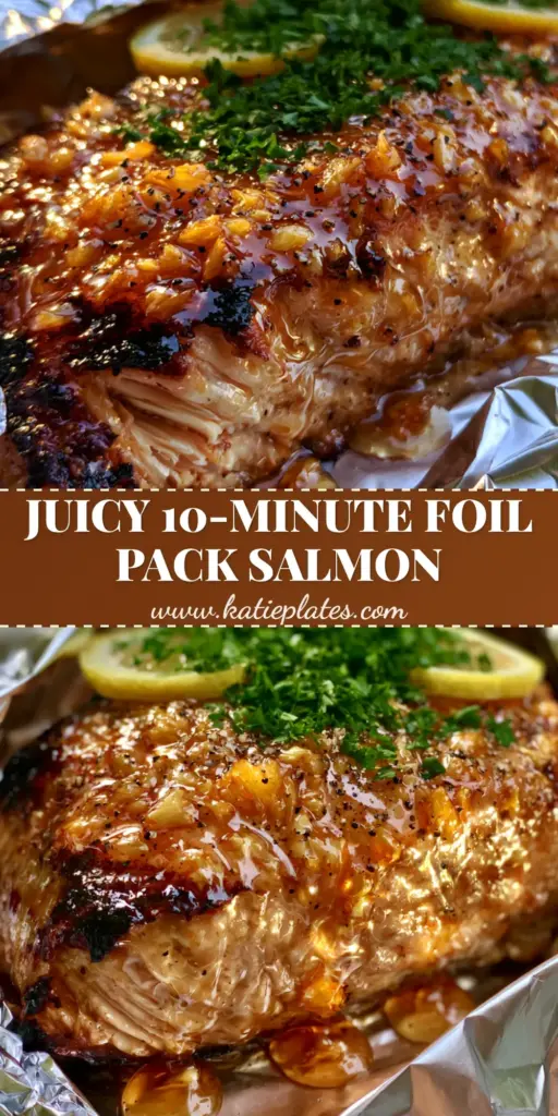 grilled salmon recipe: The Ultimate Honey Garlic Foil Packets 4 A close-up of a honey garlic grilled salmon recipe fillet inside silver foil with lemon slices and parsley garnish.