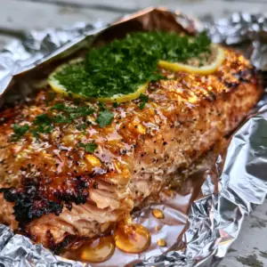 Extreme macro shot of grilled salmon recipe showing flaky texture and charred edges in foil.