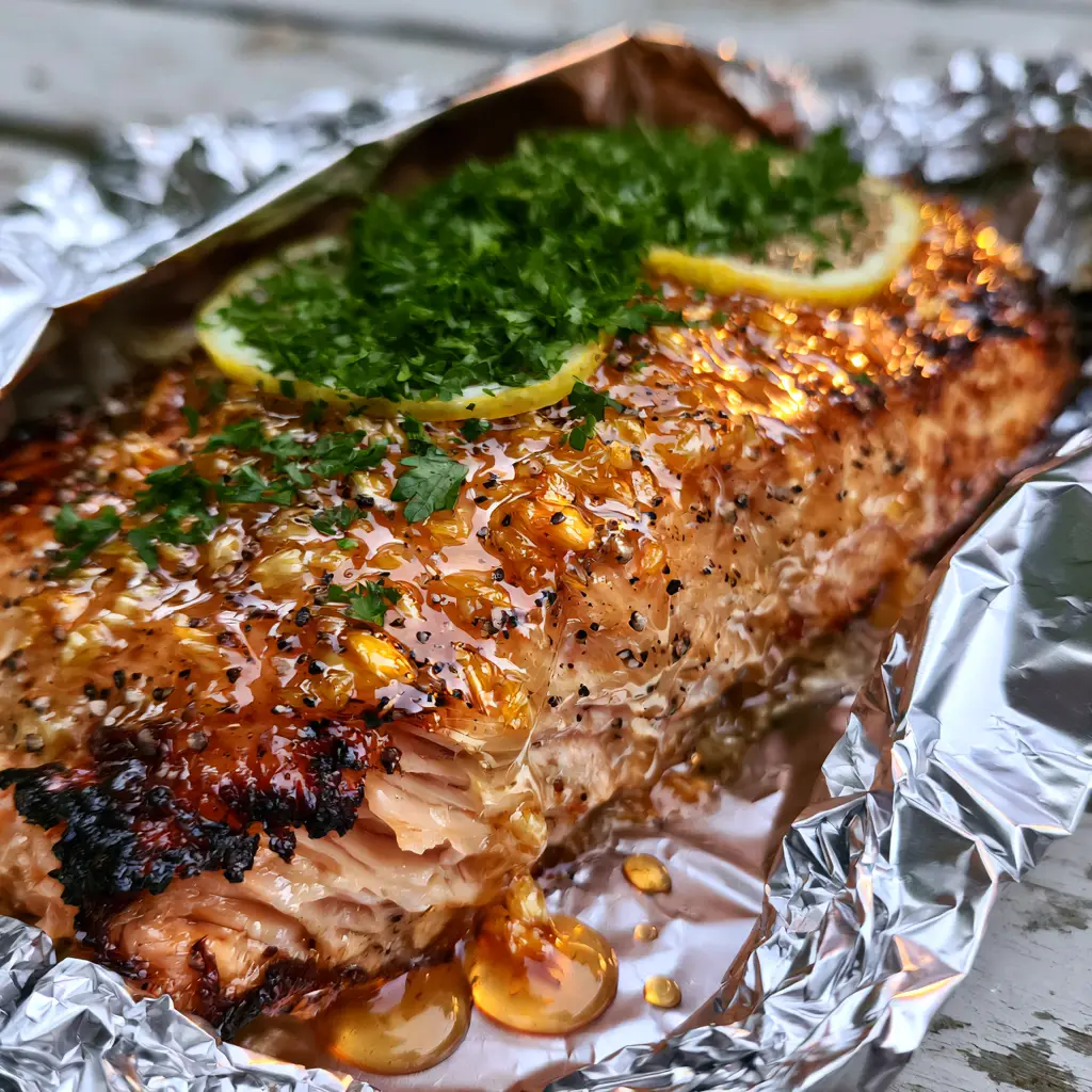 Home 6 Extreme macro shot of grilled salmon recipe showing flaky texture and charred edges in foil.