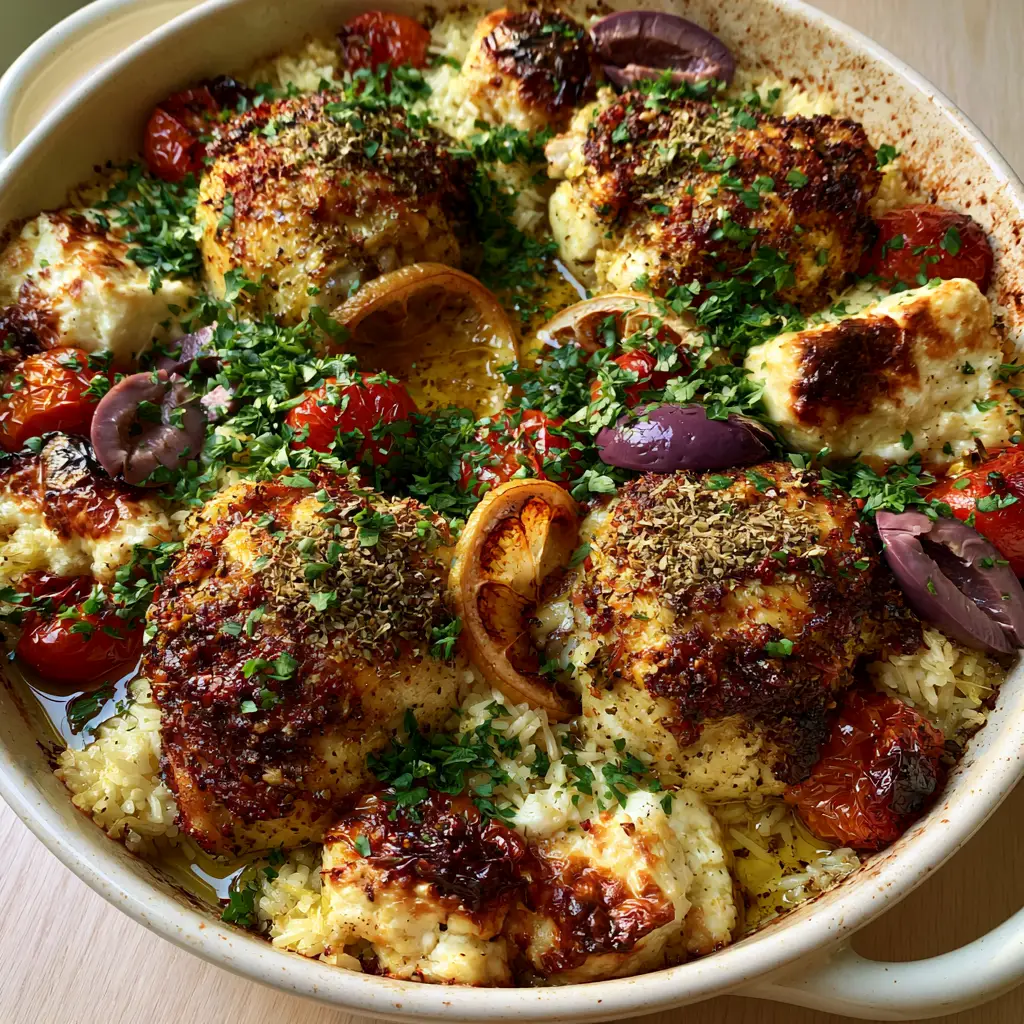 Dump and Bake Greek Chicken with Crispy Thighs and Lemon Rice 1 Handheld photo showing charred feta cheese and blistered tomatoes in a dump and bake Greek chicken dish.