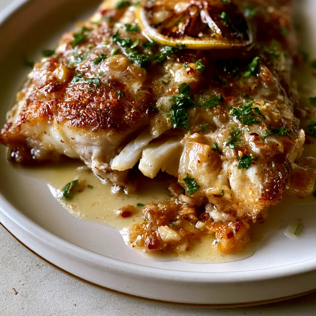 Macro shot of a red snapper fillet showing the golden-brown crispy skin and juicy white meat flaking apart.