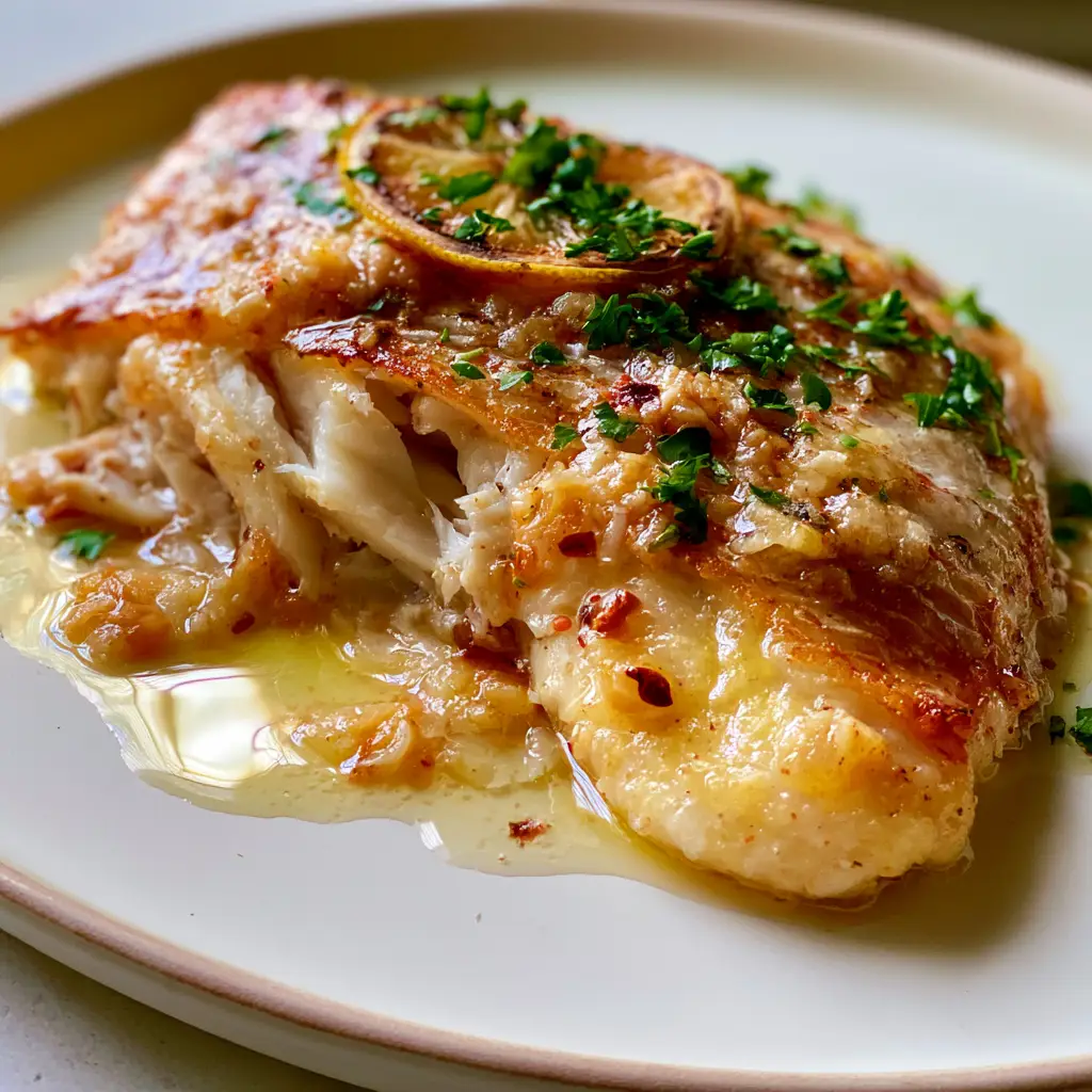 Close-up of glossy garlic butter sauce with sautéed garlic and red pepper flakes over red snapper.