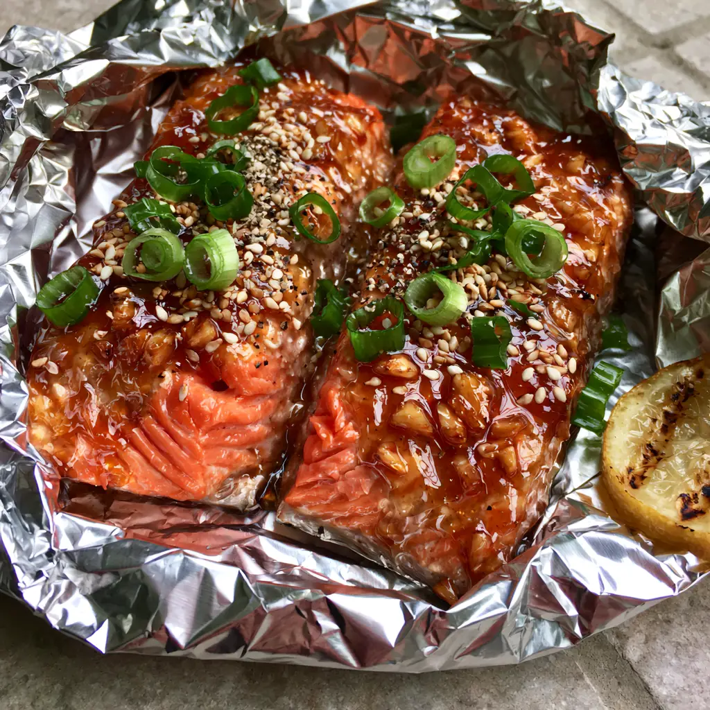 Macro top-down view of thick Atlantic salmon fillets with mahogany glaze and scallions (grilled salmon recipes).