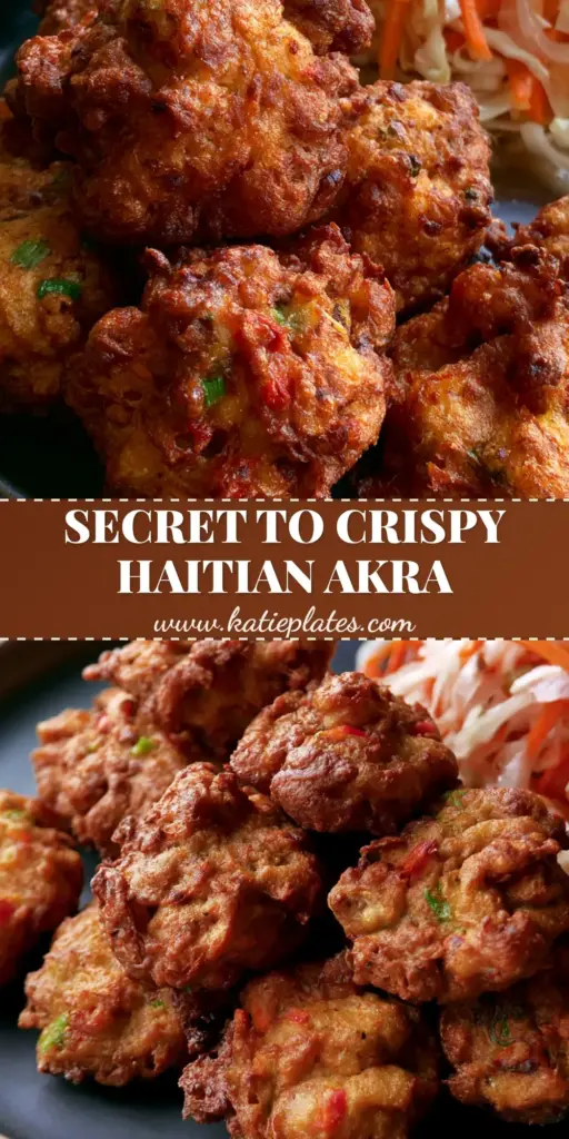 A tall stack of crispy Haitian Akra malanga fritters on a dark plate served with spicy vegetable pikliz.