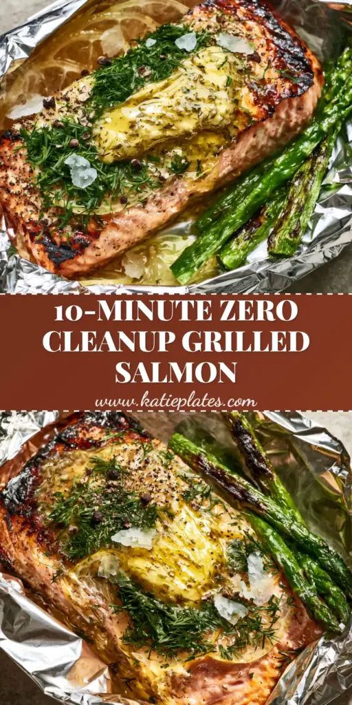 Grilled Salmon in Foil with Garlic Herb Butter and Charred Asparagus 4 A vertical photo of grilled salmon in a foil packet with melting garlic butter, dill, and charred asparagus.