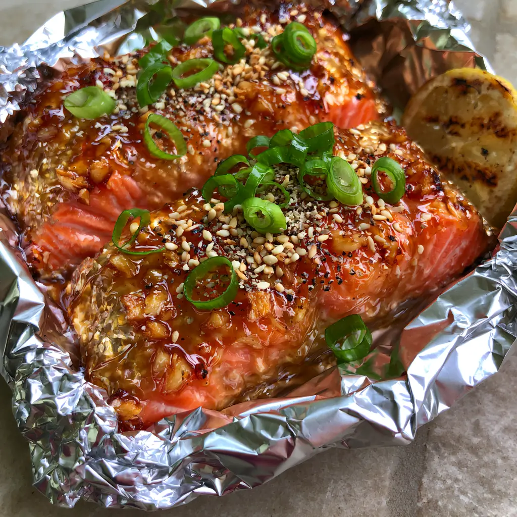 grilled salmon recipes: The Ultimate Honey Garlic Foil Packet Guide 1 Two salmon fillets in silver foil packets with charred lemon and toasted garlic garnish.