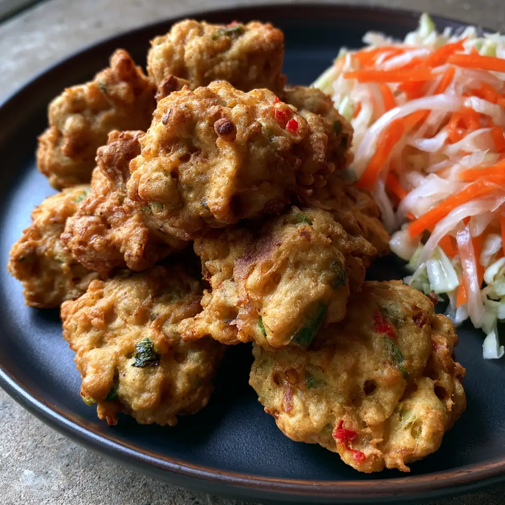 Extreme macro close-up of the craggy, jagged golden-brown texture of a Haitian Akra fritter with visible scallions.