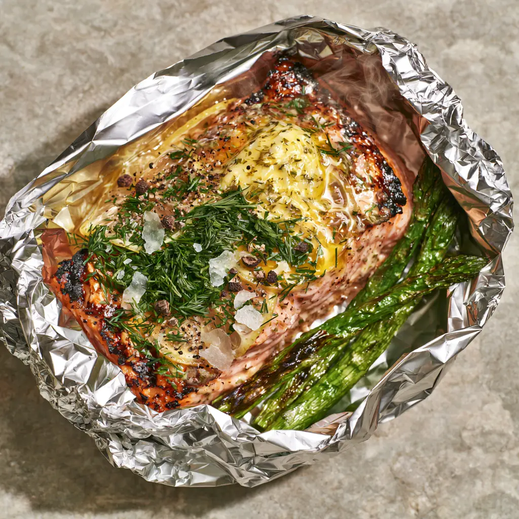 Top-down view of grilled salmon fillet in silver foil with charred edges and rising steam.