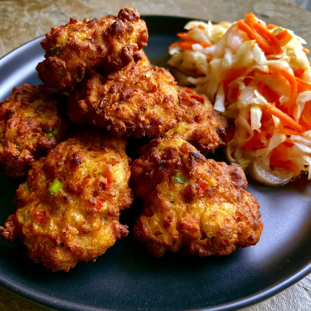 A pile of deep-fried Haitian Akra next to a heap of vibrant Pikliz featuring julienned carrots and white cabbage.