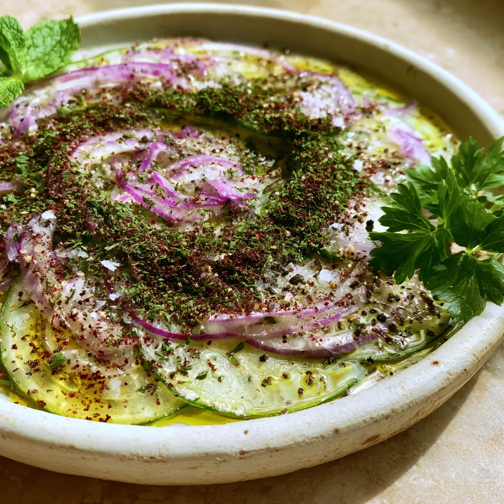 Top-down view of paper-thin Persian cucumber slices layered with lemon vinaigrette and fresh herbs. (Algerian Cucumber Salad)
