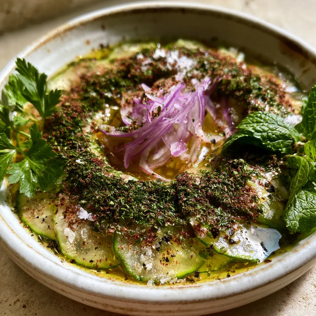 Algerian Cucumber Salad (Refreshing Mint and Lemon Vinaigrette) 1 Close up of the lemon olive oil dressing glistening on chilled cucumber slices with purple red onion slivers. (Algerian Cucumber Salad)