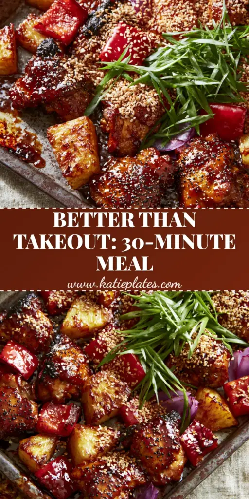 Hawaiian Chicken Sheet Pan: The Ultimate Sticky Pineapple Dinner 4 A top-down angled close-up photo of a Hawaiian Chicken Sheet Pan with charred pineapple, red bell peppers, and glistening teriyaki glaze on a dark metal pan.
