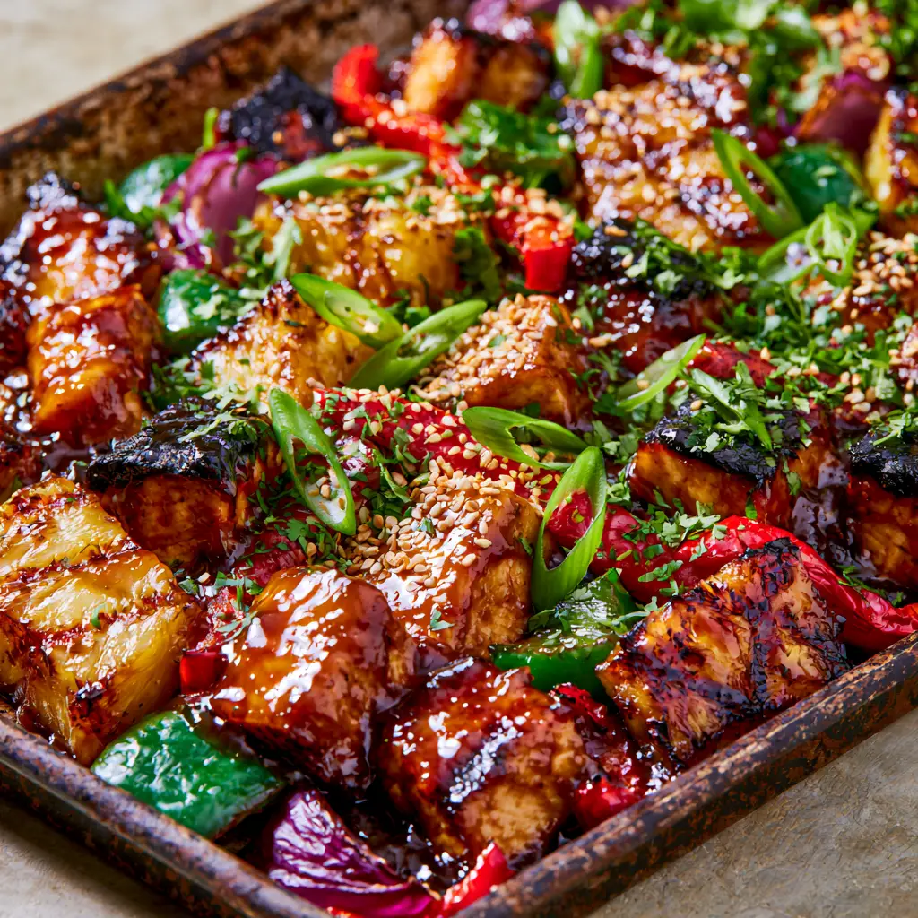 Pineapple Chicken: The Ultimate Glossy Sheet Pan Teriyaki Dinner 2 Close-up of succulent Pineapple Chicken cubes with a thick glossy amber teriyaki glaze and dark caramelized edges.