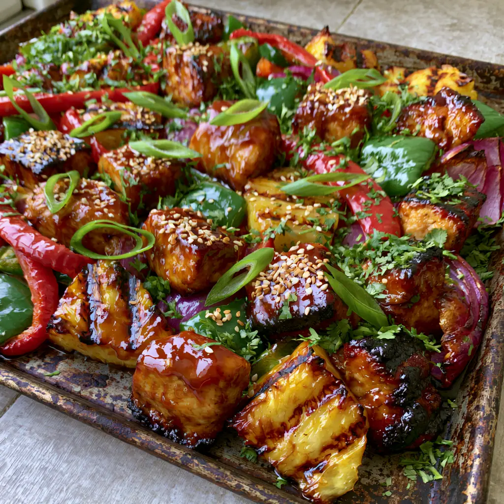 Pineapple Chicken: The Ultimate Glossy Sheet Pan Teriyaki Dinner 1 A smartphone photo of the Pineapple Chicken sheet pan showcasing roasted green bell pepper chunks and softened red onion petals.
